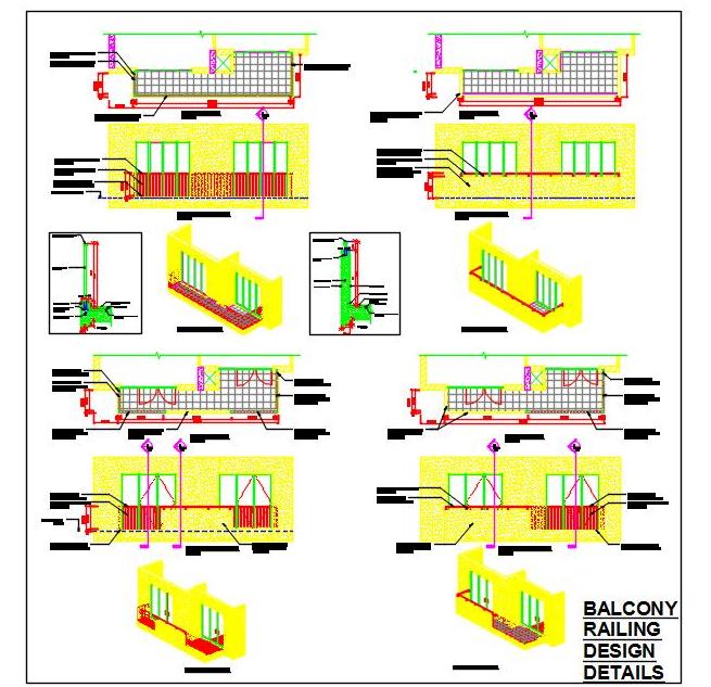 Balcony Railing Design CAD- MS Pipe, RCC Wall options